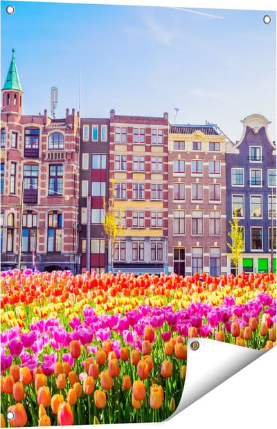 Gards Tuinposter Amsterdamse Huisjes met Tulpen - Kleur - 60x80 cm - Tuindoek - Tuindecoratie - Wanddecoratie buiten - Tuinschilderij