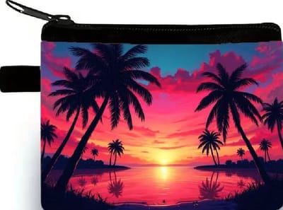 Gemakkelijk om erbij te hebben, dit handige rits portemonneetje 10x14cm. Een afbeelding van palmbomen op het strand en een zon achter de zee. Erg leuk om voor jezelf te kopen of om cadeau te geven. Ook leuk bij Sinterklaas, Kerst of vakantie.