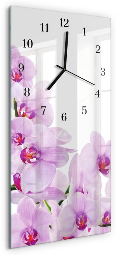 Tulup Wandklok - Orchideeën Wandklok Glas Met Motief - 30x60 cm - Paars Decoratieve Glazen Klok - Zwarte Handen - Rechthoekige Wandklok - Wandklok Glas Met Motief - Decoratieve Glazen Klok
