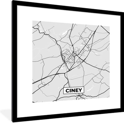 Fotolijst incl. Poster Zwart Wit- Kaart – Plattegrond – Stadskaart – Ciney – België – Zwart Wit - 40x40 cm - Posterlijst