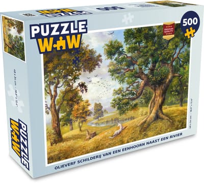 Puzzel Olieverf schilderij van een eenhoorn naast een rivier - Legpuzzel - Puzzel 500 stukjes