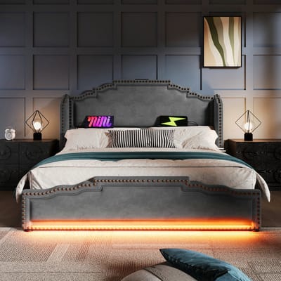 VVBV Gestoffeerd Opbergbed 140x200 cm - 4 Lades, Opbergruimte en LED-Verlichting, USB-C - Fluweel Grijs - Zonder Matras