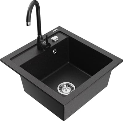 Mexen Vito granieten gootsteen 1-kompartment met keukenkraan Telma, zwart/zilver metallic - 6503-73-670200-70