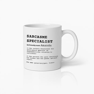 Sarcasme Specialist Gepersonaliseerde Koffiemok – Grappig Cadeau voor Amanda, Humor en Gevatheid Liefhebber