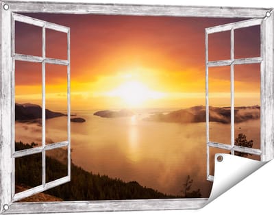 Gards Tuinposter Doorkijk Zonsondergang in de Bergen met Wolken - 90x60 cm - Tuindoek - Tuindecoratie - Wanddecoratie buiten - Tuinschilderij