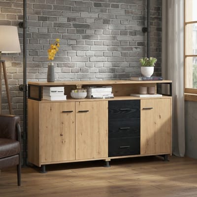 Komhtom - Industrieel dressoir met drie deuren en drie lades - commode, keukenkast en multifunctionele kast - highboard met metalen handgrepen voor slaapkamer, woonkamer en kantoor - 150 x 35 x 75,9 cm