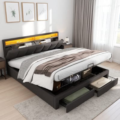 Gestoffeerd tweepersoonsbed 180x200 cm met LED-verlichting en opbergruimte + 2 laden, bedframe met lattenbodem, linnen grijs, boxspring bed zonder matras, geschikt als jongerenbed