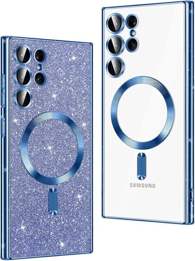Hoesje Geschikt Voor Samsung Galaxy S23 Ultra Magsafe hoesje Blauw - Lens beschermer glitter backcover