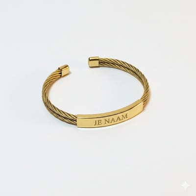Armband met graveer, Armband met naam, Armband met gravure goudkleurig - kabelarmband - verstelbaar - RVS, Armband met naamplaatje ,graveerarmband