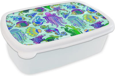 Broodtrommel Wit - Lunchbox - Brooddoos - Dieren - Regenboog - Vissen - Patronen - 18x12x6 cm - Volwassenen