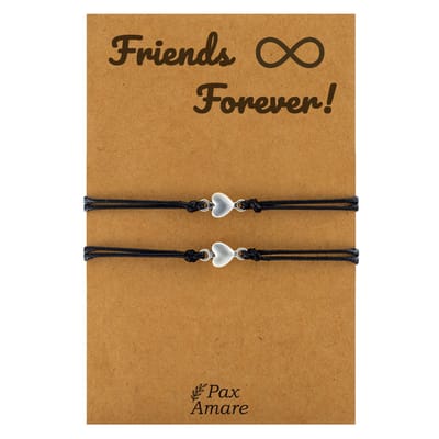 Vriendschapsarmbandjes voor 2 "Friends Forever" - Kleine Hartjes - BFF Armbandjes met Cadeau Kaartje - Zwart & Zilverkleurig - Elastisch Verstelbaar - Pax Amare