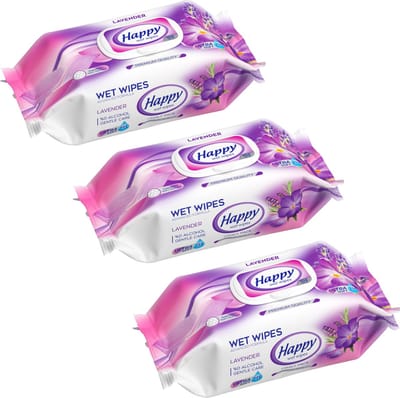 Happy Wet Wipes Lavendel 3 x 102 vochtige reliëf doeken PH 5.5 gebalanceerd.