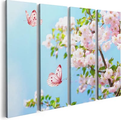 Artaza Canvas Schilderij Vierluik Twee Roze Vlinders Bij Roze Bloesem Bloemen - 80x60 - Foto Op Canvas - Canvas Print