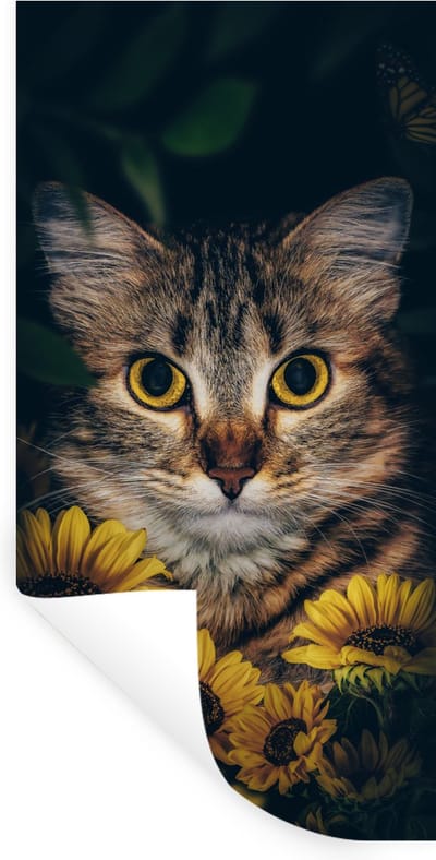 Muurstickers - Sticker Folie - Kat - Geel - Bloemen - Botanisch - 40x80 cm - Plakfolie - Muurstickers Kinderkamer - Zelfklevend Behang - Zelfklevend behangpapier - Stickerfolie