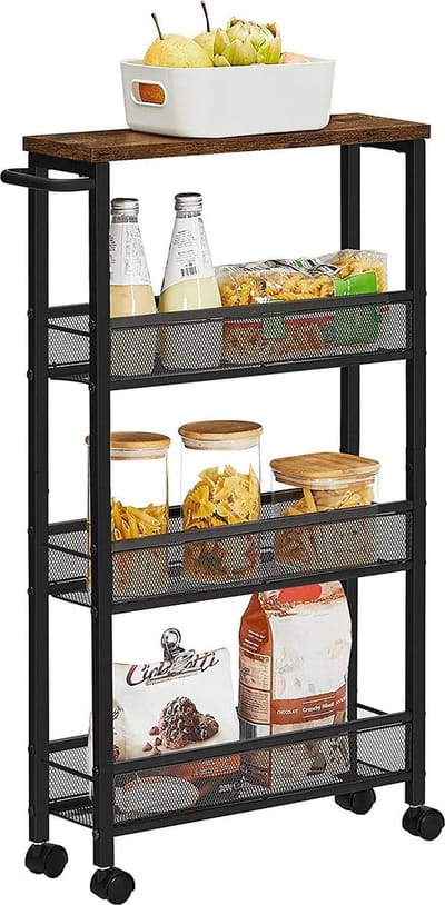 serveerwagen, keukenplank op wielen, smal, keukentrolley, trolley op wielen, 360° draaibare wielen, metalen frame, voor keuken, woonkamer, thuiskantoor, vintage bruin-zwart