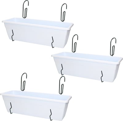 3x stuks hangende reling balkon plantenbakken wit rechthoekig 50 x 17 x 15 cm met setje metalen ophang beugels