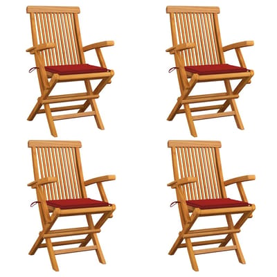 vidaXL - Klapstoelen - met - rode - kussens, - 4 - stuks, - massief - teakhout