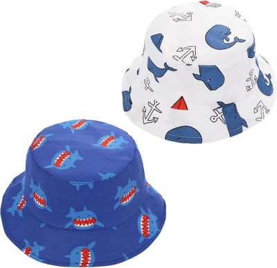 Set van 2 Baby Zonnehoedjes voor Strand en Buitenactiviteiten met Kinband en Schattige Cartoon Haai Print voor Jongens en Meisjes