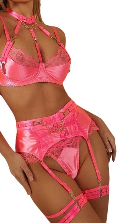 Sexy Lingerie Set Dames – 4-Delige Erotische Lingerie Set – Kant & Harness Straps – Luxe Jarretelset met Choker – Verleidelijke Boudoir Lingerie – Clubwear / Kinky Lingerie – Maat XS/S, M, L, XL