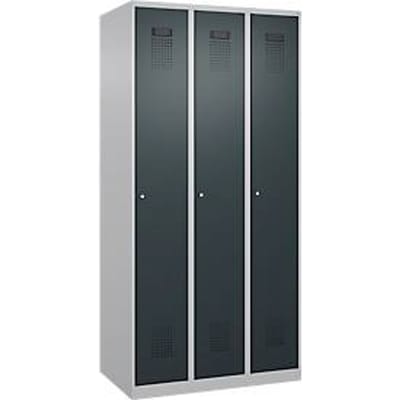 C+P Evolo Plus garderobekast, 3 vakken, rechts scharnierend, cilinderslot, B 900 x D 500 x H 1850 mm, blank aluminium/antracietgrijs