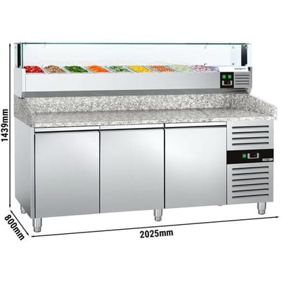 GGM Gastro Pizzakühltisch PREMIUM - 2000x800mm - mit 3 Türen - inkl. Kühlaufsatzvitrine LED - 9x GN 1/3 Zilver