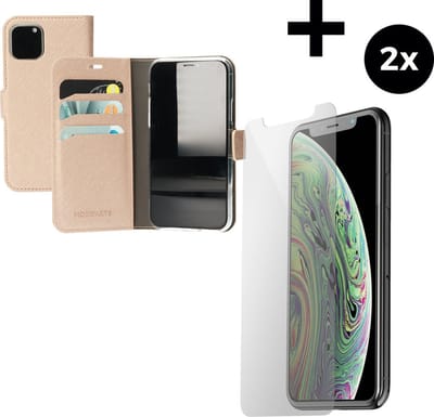 Mobiparts Saffiano Wallet hoesje geschikt voor Apple iPhone 11 Pro met 2 Screenprotectors van Gehard Glas - Bruin/Copper