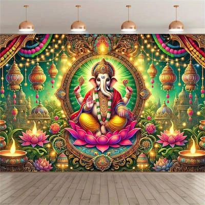Lord Ganesha Wandkleed Hindoestaans Olifantengod Canvas Kunst Wanddecoratie Huis Tempel Decoratie Diwali Cadeau Yoga Meditatie Ruimte 40x60 cm green