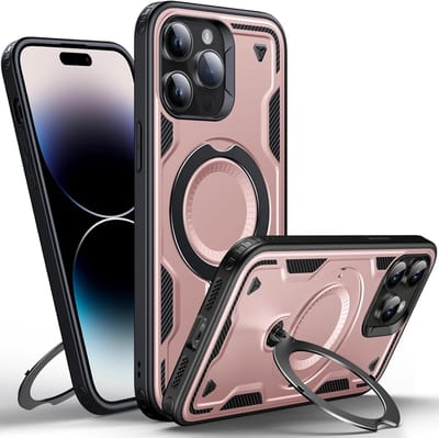 Magsafe Hoesje Geschikt voor iPhone 13 / 14 Hoesje Rose Goud - Armor Hoesje met Met Draaibare Ring Houder