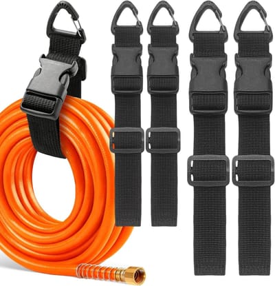 Verstelbare Kabelorganizer met Karabijnhaak en Gesp voor Tuinslang en Verlengsnoer, 4 Stuks, 3.8 cm Breed, Ideaal voor Buitengebruik en Kabelbeheer