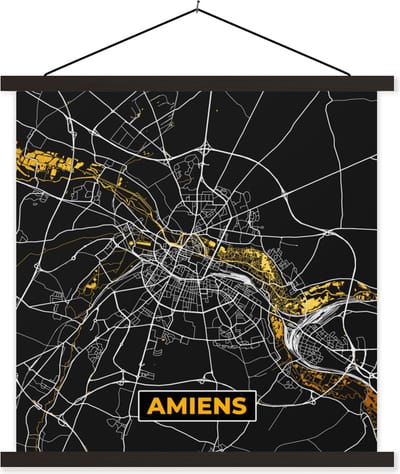 Posterhanger incl. Poster 60x60 cm - Schoolplaat - Plattegrond - Amiens - Stadskaart - Frankrijk - Kaart - Textielposter - Zwarte latten - Stadskaart