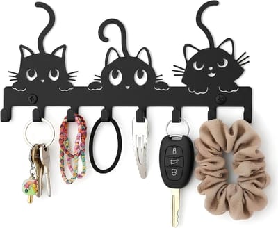 zwart, wandsleutelhanger, katten, multifunctioneel, metaal, wandsleutelhanger, decoratie voor keuken, hal, entree, slaapkamer, badkamer, kantoor (drie katten)