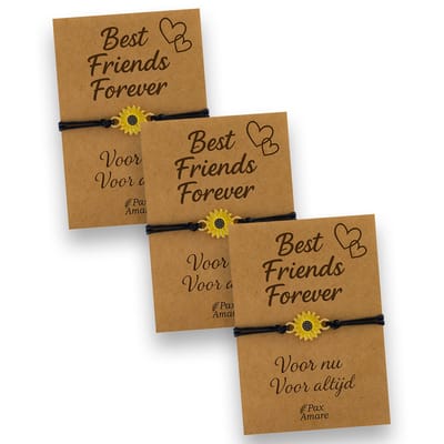 Vriendschapsarmbandjes voor 3 "Best Friends Forever" - Zonnebloem - BFF Armbandjes met Persoonlijk Cadeau Kaartje - Zwart met Bloem Hanger - Op Drie Kaartjes- Pax Amare