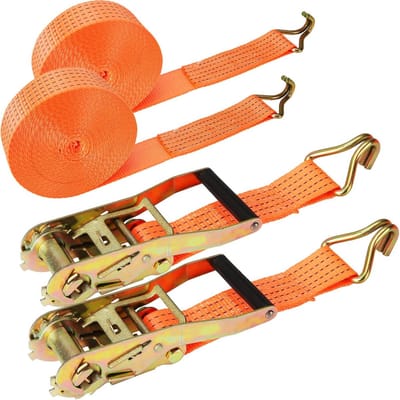 Set van 2 Spanbanden met Ratel en Haken - 5000 kg - 6 Meter - Zware Kwaliteit Sjorbanden Oranje