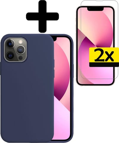 Hoesje - Met 2x Screenprotector - Geschikt voor Apple iPhone 13 Pro - Sterk & Shockproof - Back Cover - Siliconen Case - Telefoon Hoes - Telefoonhoesjes - Donkerblauw