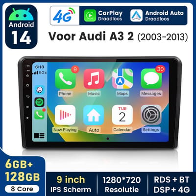 HexinexMarket Octa-Core autoradio Geschikt voor AUDI A3 8P 2003-2013 - Draadloos CarPlay, Android Auto, multimediaspeler, 6GB+128GB