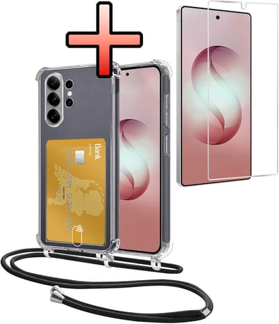 Hoes Geschikt voor Samsung Galaxy S26 Ultra Hoesje Pasjeshouder Cover Met Koord Shock Proof Case Siliconen Hoes Met Telefoonkoord en Kaarthouder Met Screenprotector - Transparant