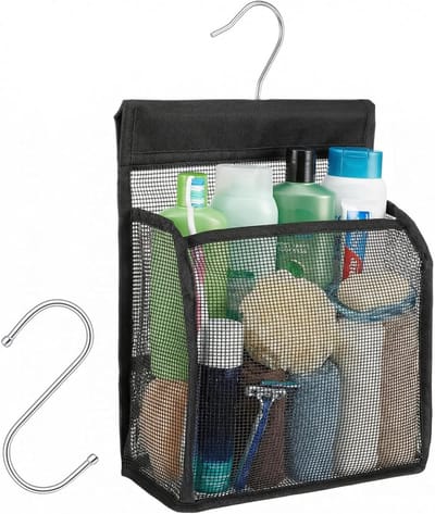 Zwarte Mesh Douche Organizer met Haken - Badkamer Opbergtas voor College, Gym en Reizen met Roterende Badmanden