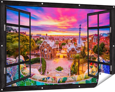 Gards Tuinposter Doorkijk Park Güell Uitzicht op Barcelona - 150x100 cm - Tuindoek - Tuindecoratie - Wanddecoratie buiten - Tuinschilderij