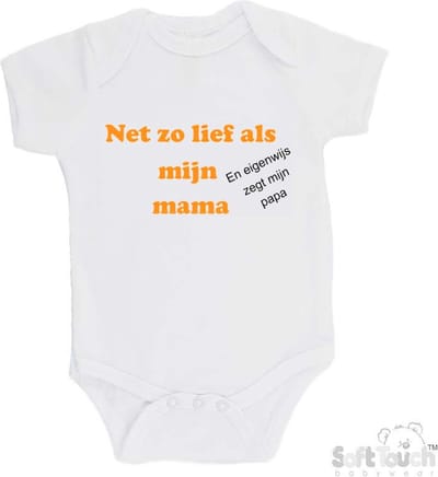 100% katoenen Romper "Net zo lief als mijn mama en eigenwijs zegt mijn papa" Unisex Katoen Wit/mosterd/zwart Maat 62/68