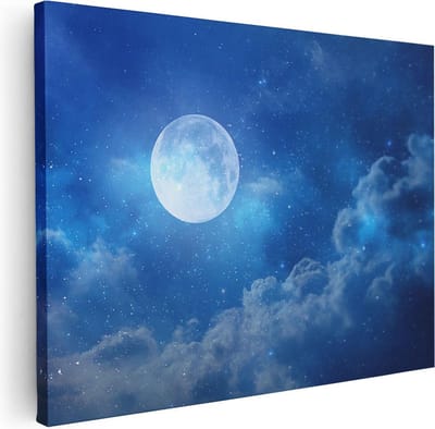 Artaza Canvas Schilderij Sterrenhemel - 40x30 cm - Klein - Wanddecoratie Maan - Muurdecoratie Ruimte - Kamer Accessoires Woonkamer - Blauw