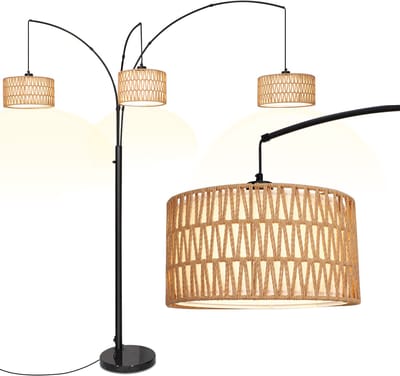 Boho Vloerlamp- Rotan Staande Lamp - Industriele Booglamp -Woonkamer/Slaapkamer/Kantoor Verlichting - Arched Leeslamp met Oogbescherming- Zwarte