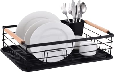 Royal Swiss® Afdruiprek met Bestekhouder – Metalen Dish Rack met Houten Handgrepen – Ruimtebesparend & Hygiënisch – Zwart – 43x32x14 cm