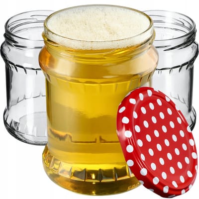 KADAX Inmaakpotten, 500 ml, bewaarpotten met schroefdeksel, inmaakpotten, jampot, voorraadpot, conservenglas, ronde potten (rood gestippeld/8 stuks)