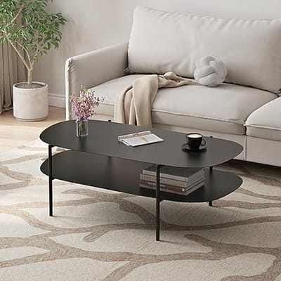 Salontafel met plank - Ovale tafel - Woonkamer inrichten - Stijlvol design - 112x62 cm - Zwart mat