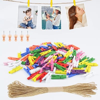150 kleurrijke mini houten knijpers, 2,5 cm, mini-wasknijpers voor foto's, 10 m jute koord, 5 naalden