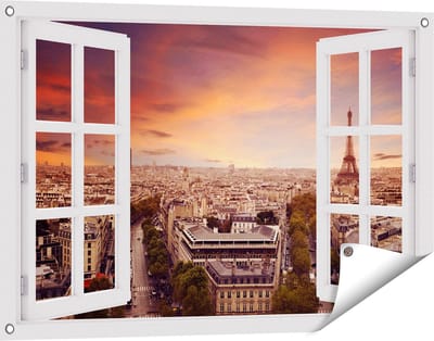 Gards Tuinposter Doorkijk Skyline Parijs met Eiffeltoren - 90x60 cm - Tuindoek - Tuindecoratie - Wanddecoratie buiten - Tuinschilderij