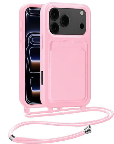 Hoesje Geschikt voor iPhone 17 Pro Max / 18 Pro Max Hoesje Met Telefoonkoord en Pasjeshouder Siliconen - Hoes Geschikt voor iPhone 17 Pro Max / 18 Pro Max Hoesje Met Kaarthouder Case - Lichtroze