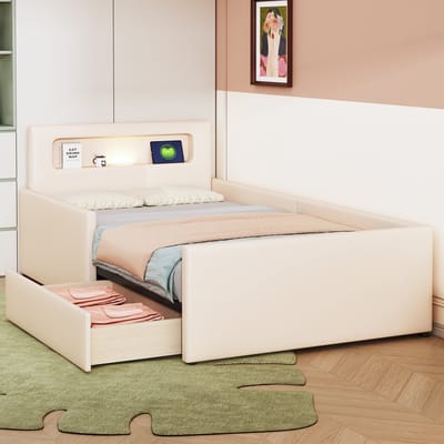 REDOM Kinderbed – 90x200 cm – Met nachtlampje, USB & opberglades – Kunstleer – Beige