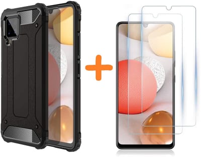 Hoesje Geschikt Voor Samsung Galaxy A42 5G Hoesje - rugged Armor Hybride case Zwart - Galaxy A42 screenprotector 2 pack Glazen tempered glass