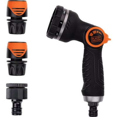 BLACK+DECKER Sproeikop met 3 Tuinslang Koppelingen - Aanpasbare Waterstroom - Kunststof - Zwart/Oranje